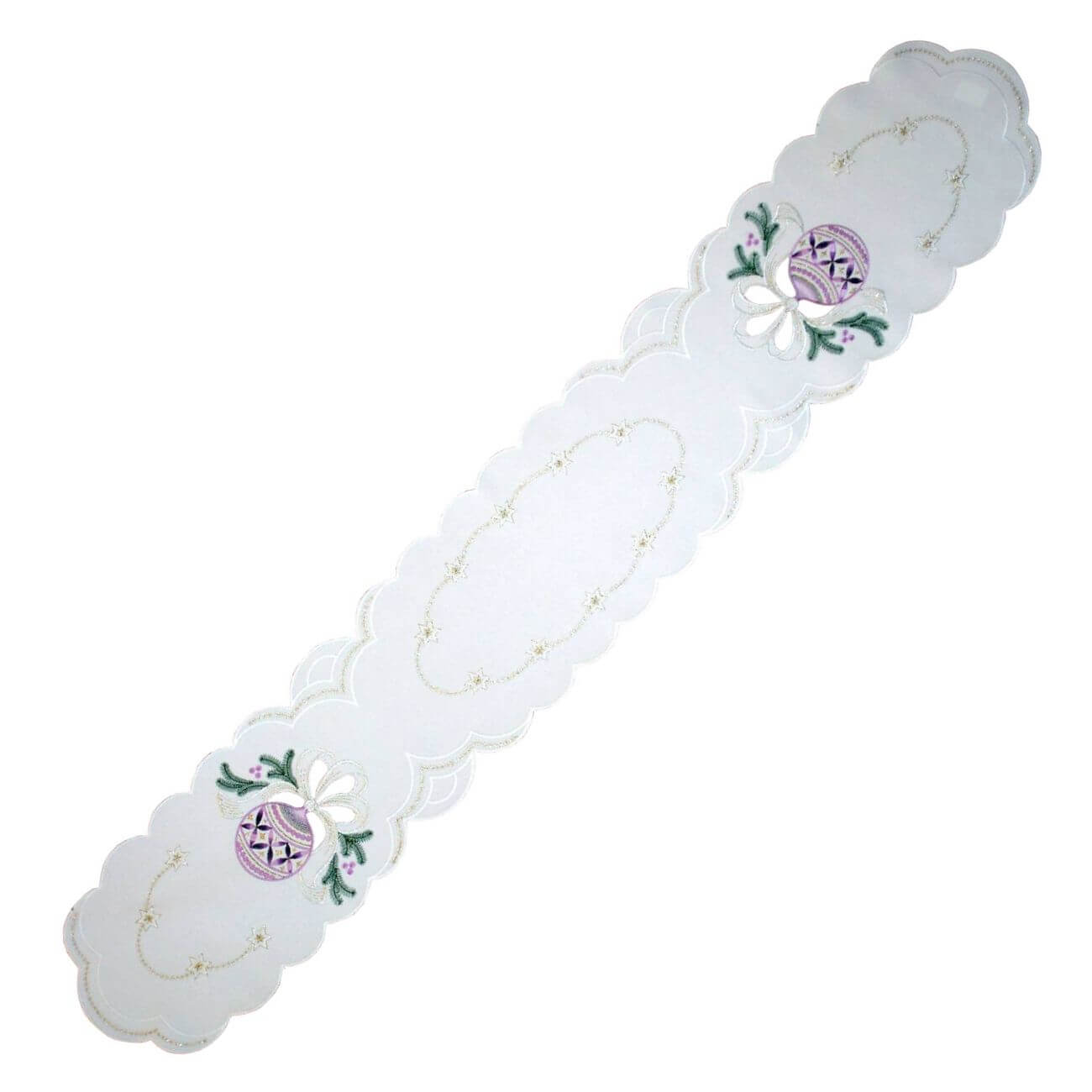 Long linen runner with purple ombre ornaments, pine branches, golden stars, and elegant cutout detailing. 9x53 inches (23x135 cm), made in Germany.

