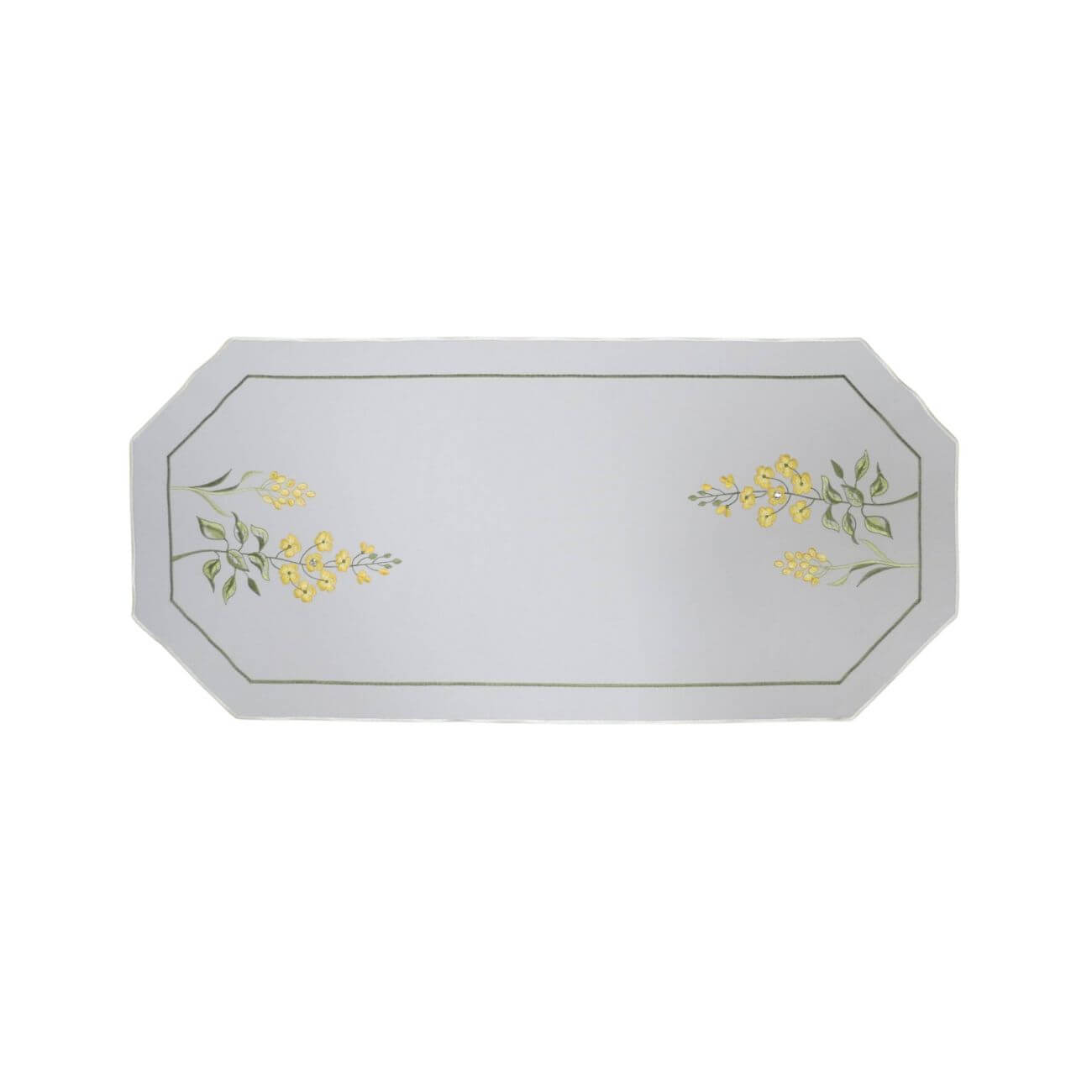 White linen tablecloth with yellow flowers, Swarovski crystals, green stems, and a green embroidered rim, 15.7x33.5 inches (40x85 cm), part of the Summer Meadow Collection, made in Germany.