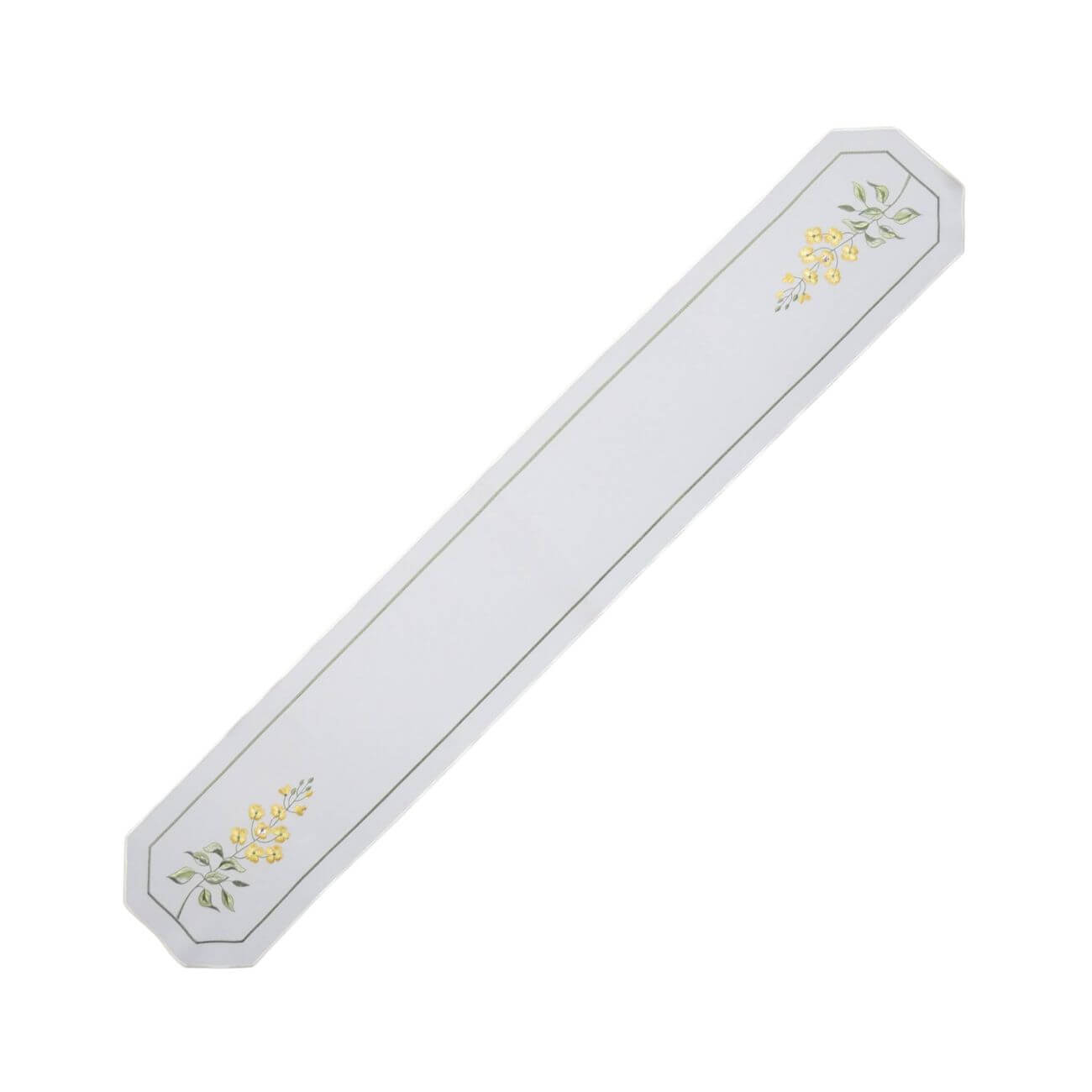 White linen table runner with yellow flowers, Swarovski crystals, and green stems, 9x53 in (23x135 cm), part of the Summer Meadow Collection.
