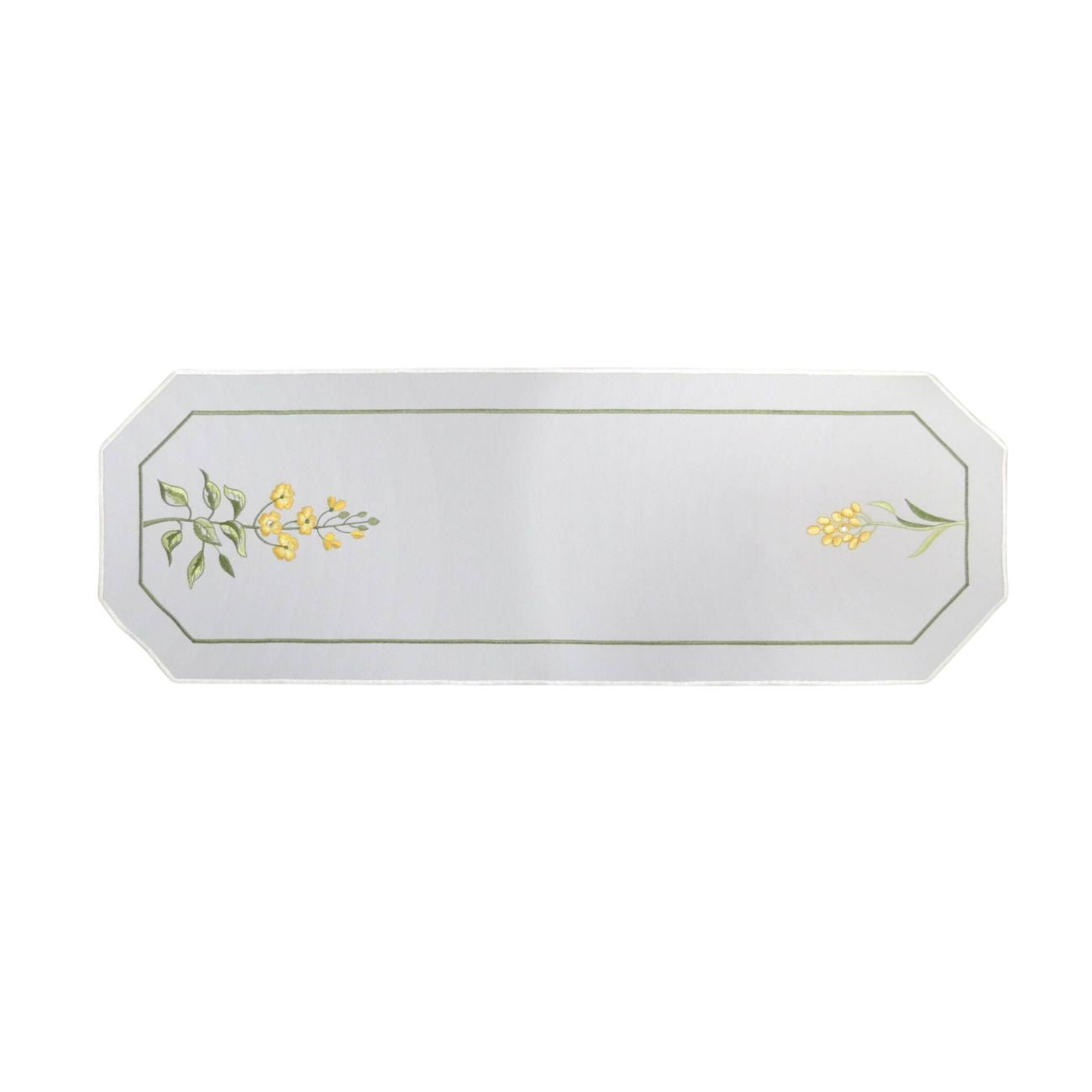 White linen short runner with yellow flowers, Swarovski crystals, and green stems, 9x27 in (23x68 cm), part of the Summer Meadow Collection.