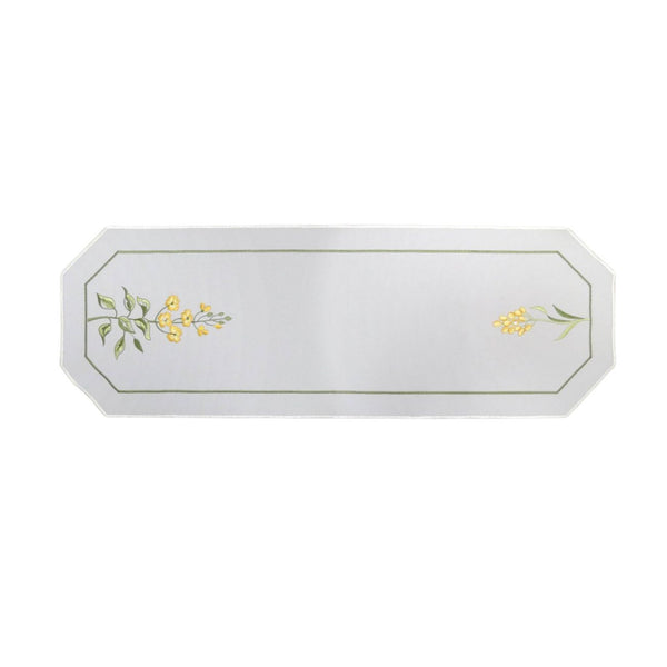 White linen short runner with yellow flowers, Swarovski crystals, and green stems, 9x27 in (23x68 cm), part of the Summer Meadow Collection.
