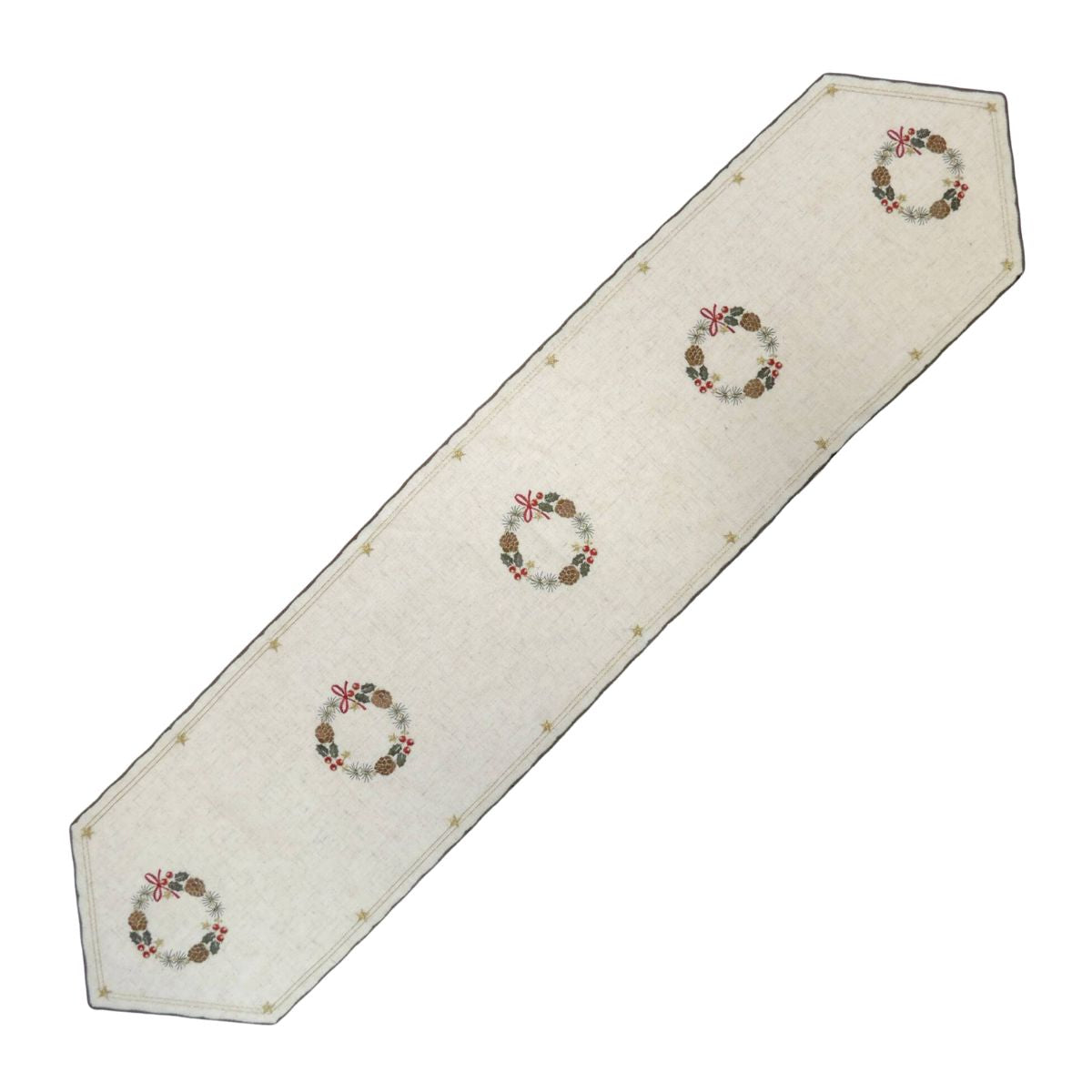 Long linen table runner with embroidered Christmas wreath motifs, pinecones, and berries on natural fabric