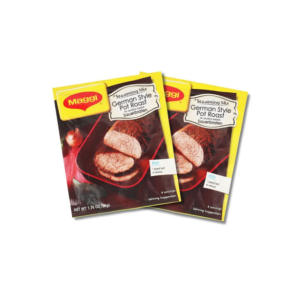 Two packets of Maggi German Style Pot Roast seasoning mix, featuring a yellow Maggi logo and an image of sliced beef in a red pot, set against a plain white background.