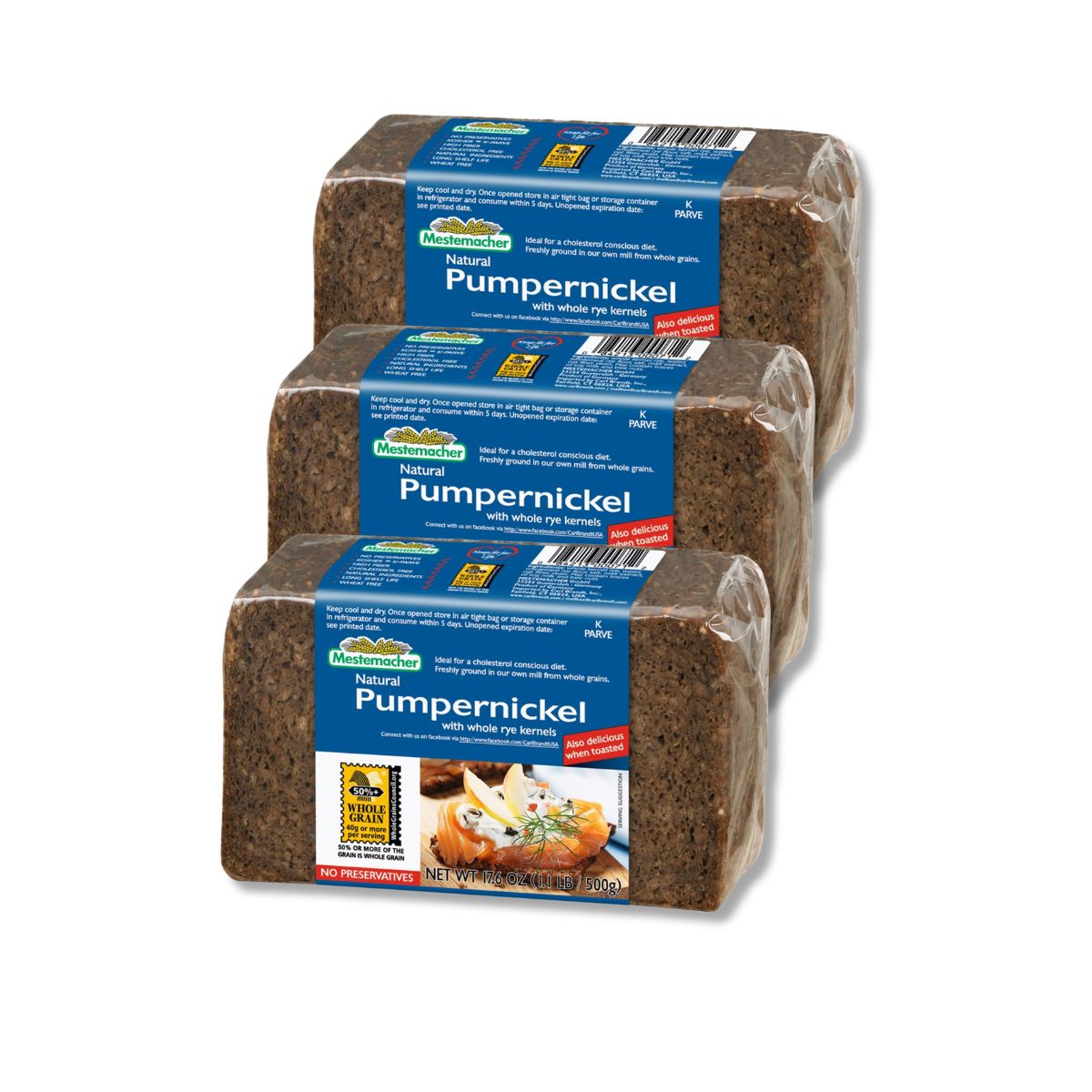 Mestemacher Natural Pumpernickel German whole rye bread 17.6 oz, 3 pack