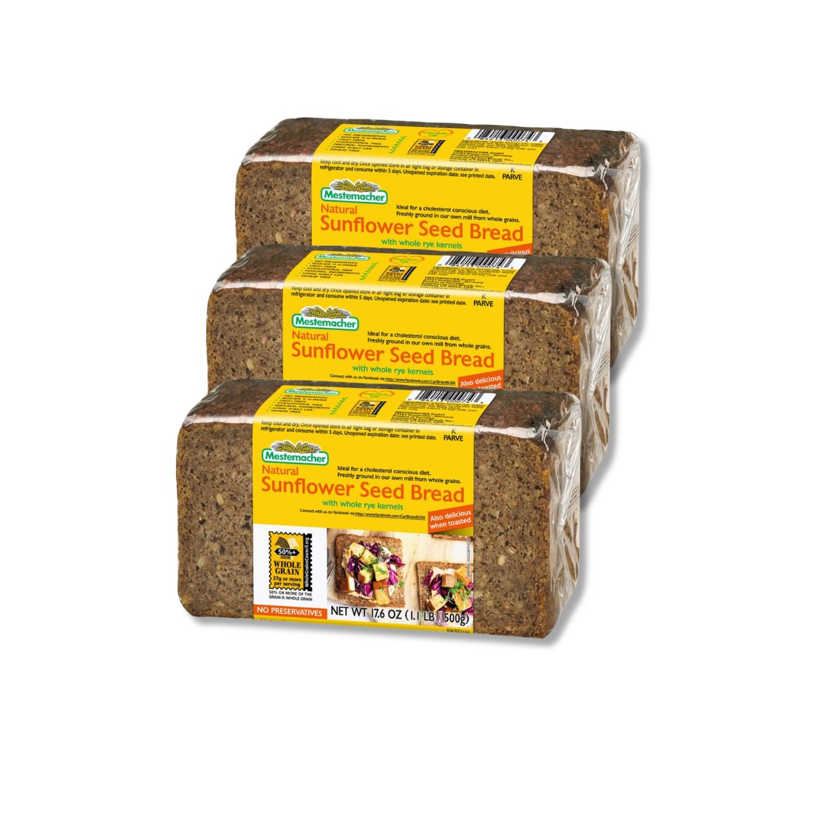 Mestemacher German sunflower seed whole grain bread 17.6 oz, 3 pack