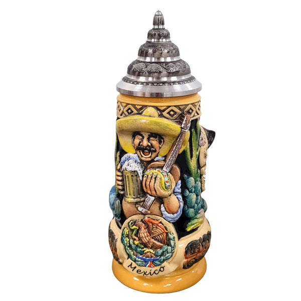 Mexico Beer Stein with mariachi musician design, ceramic beer stein handcrafted by KING-WERK Germany