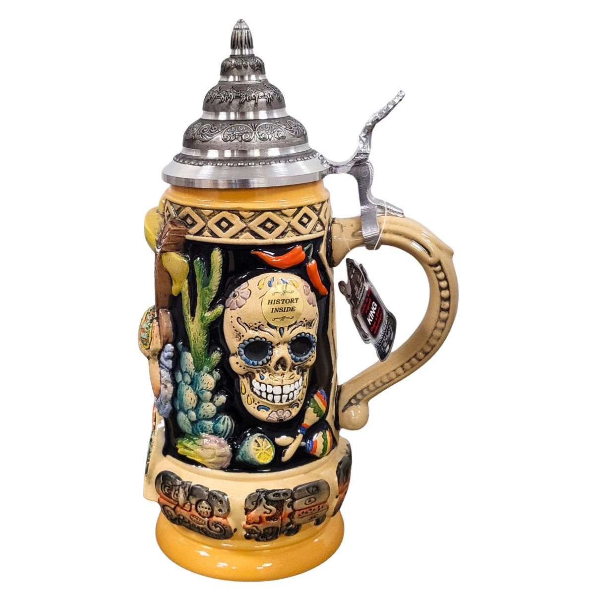 Mexico Beer Stein featuring colorful sugar skull artwork and pewter lid by KING-WERK Germany