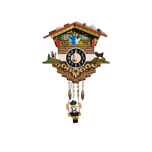 This miniature chalet-style clock features a battery-operated quartz movement, vibrant colors, a red roof and shutters, a cowherd and cow, and a pendulum shaped like a German boy. A blue bird that sways in time to the pendulum completes the design.