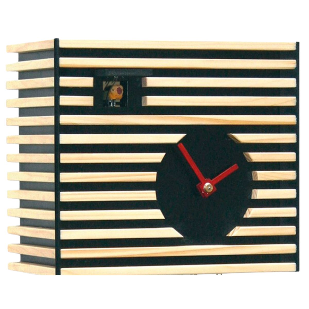 Close-up of BAUHAUS black cuckoo clock with wooden slats and visible cuckoo bird.