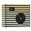 Close-up of BAUHAUS black cuckoo clock with wooden slats and visible cuckoo bird.