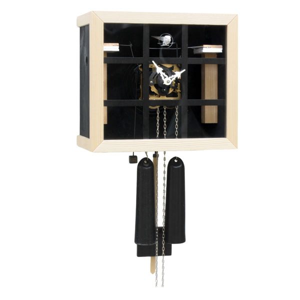 Black EINBLICK cuckoo clock by Rombach & Haas, minimalist cube design with glass front revealing German mechanical movement.