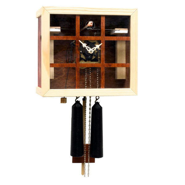 Brown EINBLICK design cuckoo clock with glass front by Rombach & Haas, showcasing the 8-day mechanical movement inside.