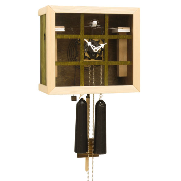 Green EINBLICK cuckoo clock by Rombach & Haas, modern cube design with glass front and visible mechanics, German handcrafted.