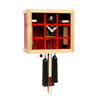 Red EINBLICK modern cuckoo clock by Rombach & Haas with glass front, visible mechanical movement, handmade in the Black Forest.