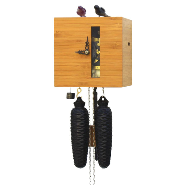 DUETT natural bamboo cuckoo clock by Rombach & Haas with two moving birds and visible mechanics.