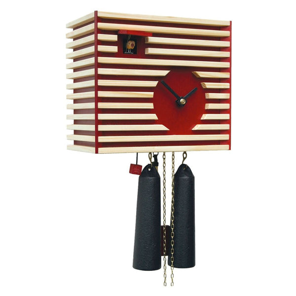 Red Bauhaus cuckoo clock by Rombach & Haas, handmade in the Black Forest with geometric wood design and 8-day movement.