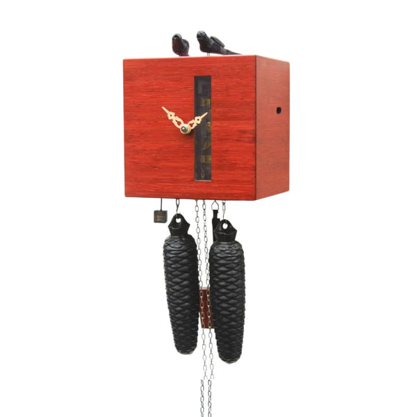 DUETT red cuckoo clock by Rombach & Haas with two moving birds, glass window, and 8-day movement.