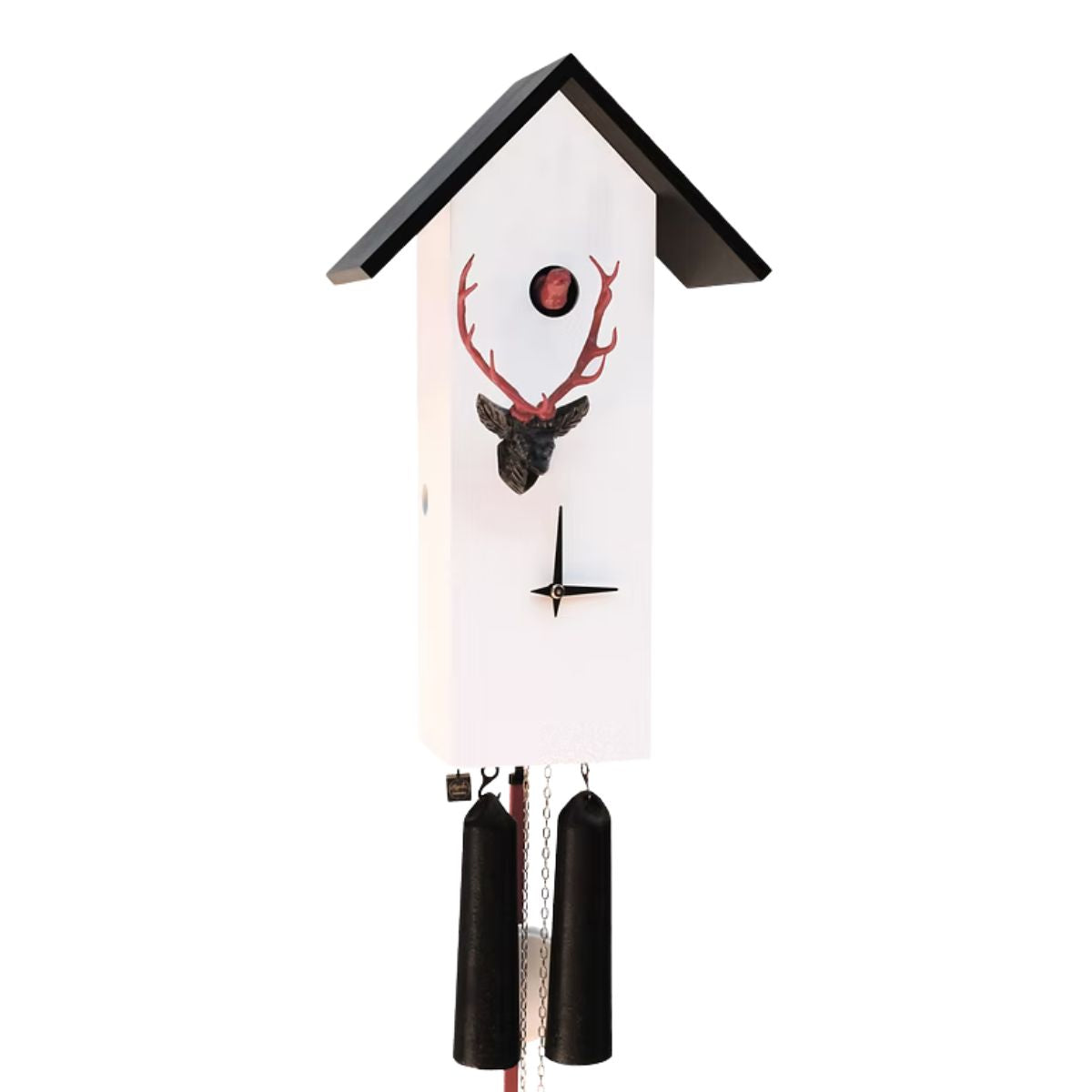 CLASSIC white birdhouse cuckoo clock with black stag head and red cuckoo bird, handmade in Germany with 8-day movement.