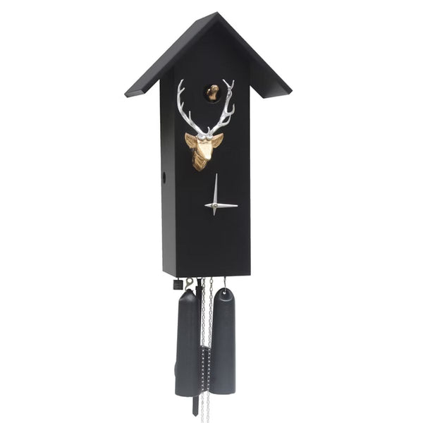 CLASSIC black birdhouse cuckoo clock with stag head by Rombach & Haas, handmade in Germany with 8-day movement.