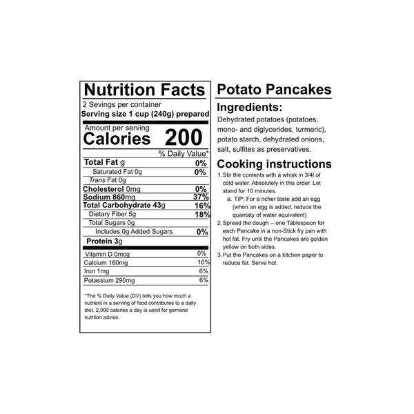 Nutrition facts label and recipe information for Potato Pancakes, showing serving size, calories, nutrients, and cooking instructions on a white background.