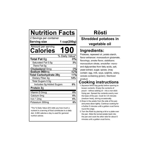 Nutrition Facts for Roesti