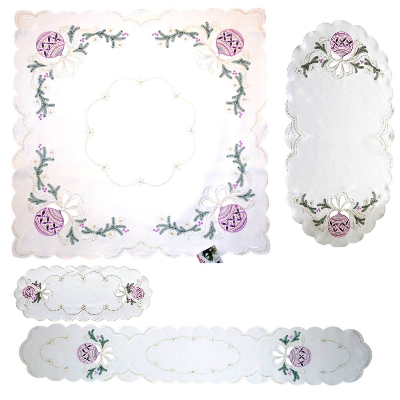 Ombre Christmas Ornaments Collection table linens, including a square tablecloth, oval runners, long runner, and doily. Embroidered with purple ombre ornaments, pine branches, golden stars, and delicate cutout designs. Handcrafted in Germany, perfect for festive holiday decor.