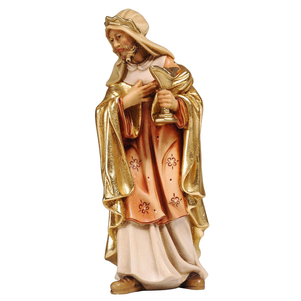 The PEMA Kostner Nativity Standing King is a meticulous and majestic representation of Melchior, one of the three Magi. Finished in a golden cloak, orange tunic with golden stars, and white robe with a blonde-brown beard and golden crown, Melchior holds a gift of myrrh in a golden vessel, making it the perfect addition to your nativity scene.