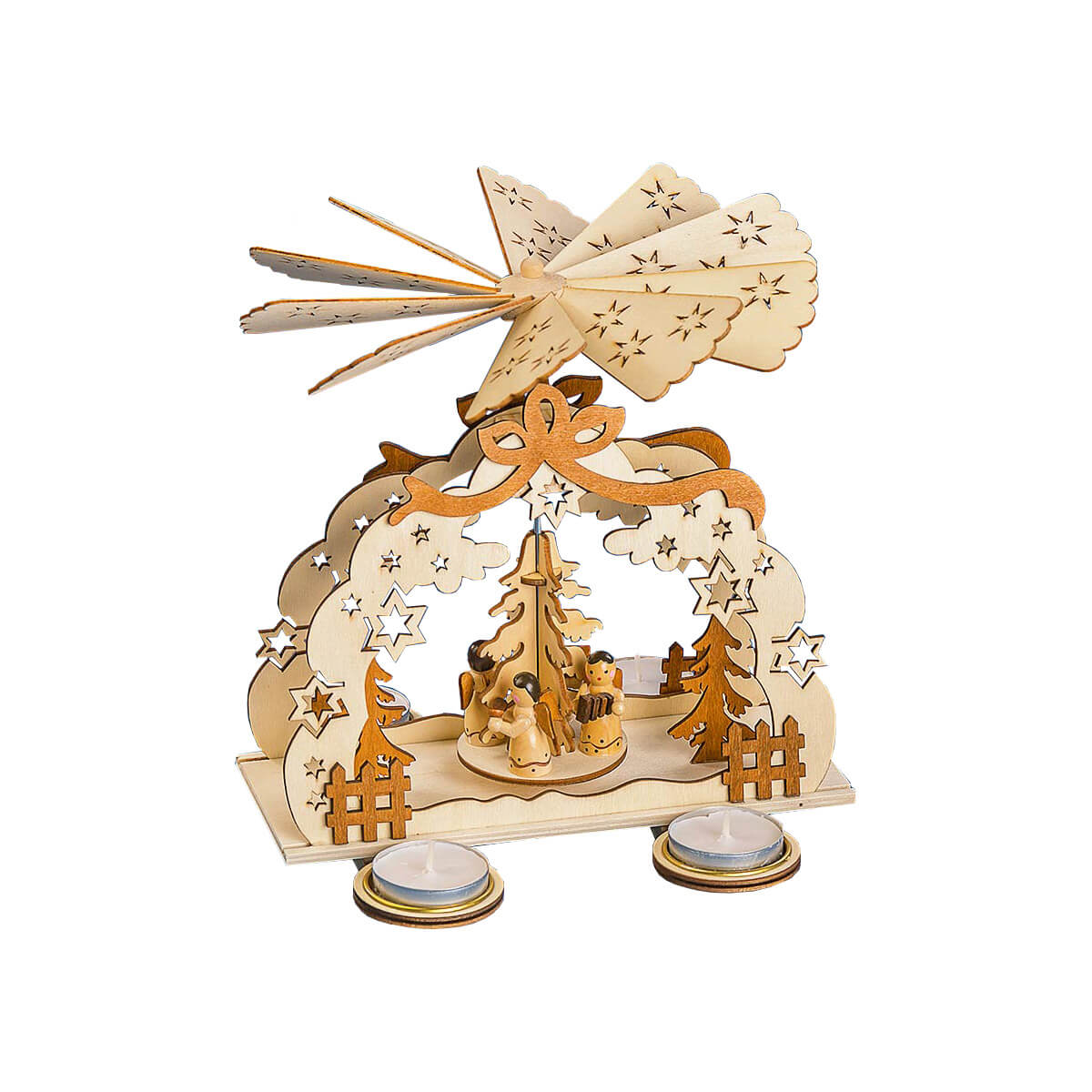 This wooden Pfaff Christmas pyramid is 8.5 inches tall and holds 2 tealight candles on the two long sides of its rectangular base. Two laser-cut natural wood-colored arches are decorated with star cut-outs and a darker stained wood bow at the top. The round spinning platform in the center of the base features a Christmas tree and four angels with various instruments. The propeller at the very top has blades decorated with star patterns.