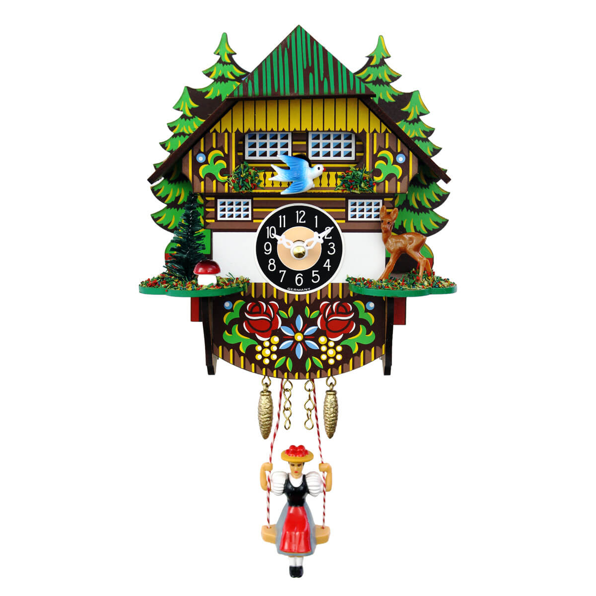 Engstler's Quartz Cuckoo Clock with Trees and Swinging Girl: A charming woodland scene with a swaying bird, deer, and toadstool mushroom