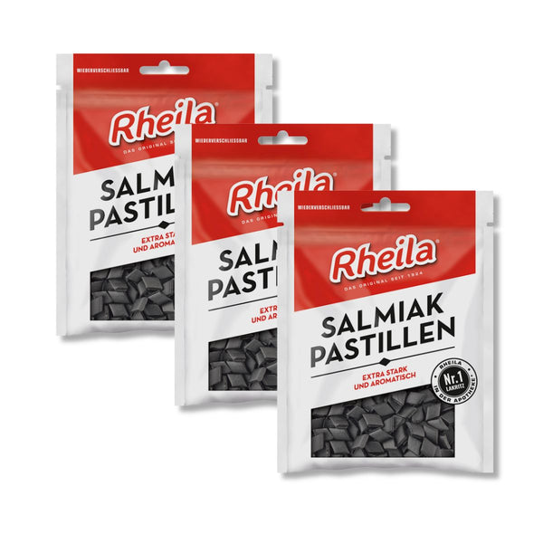 Three bags of Rheila Salmiak Pastillen extra-strong German licorice, 90 g each.