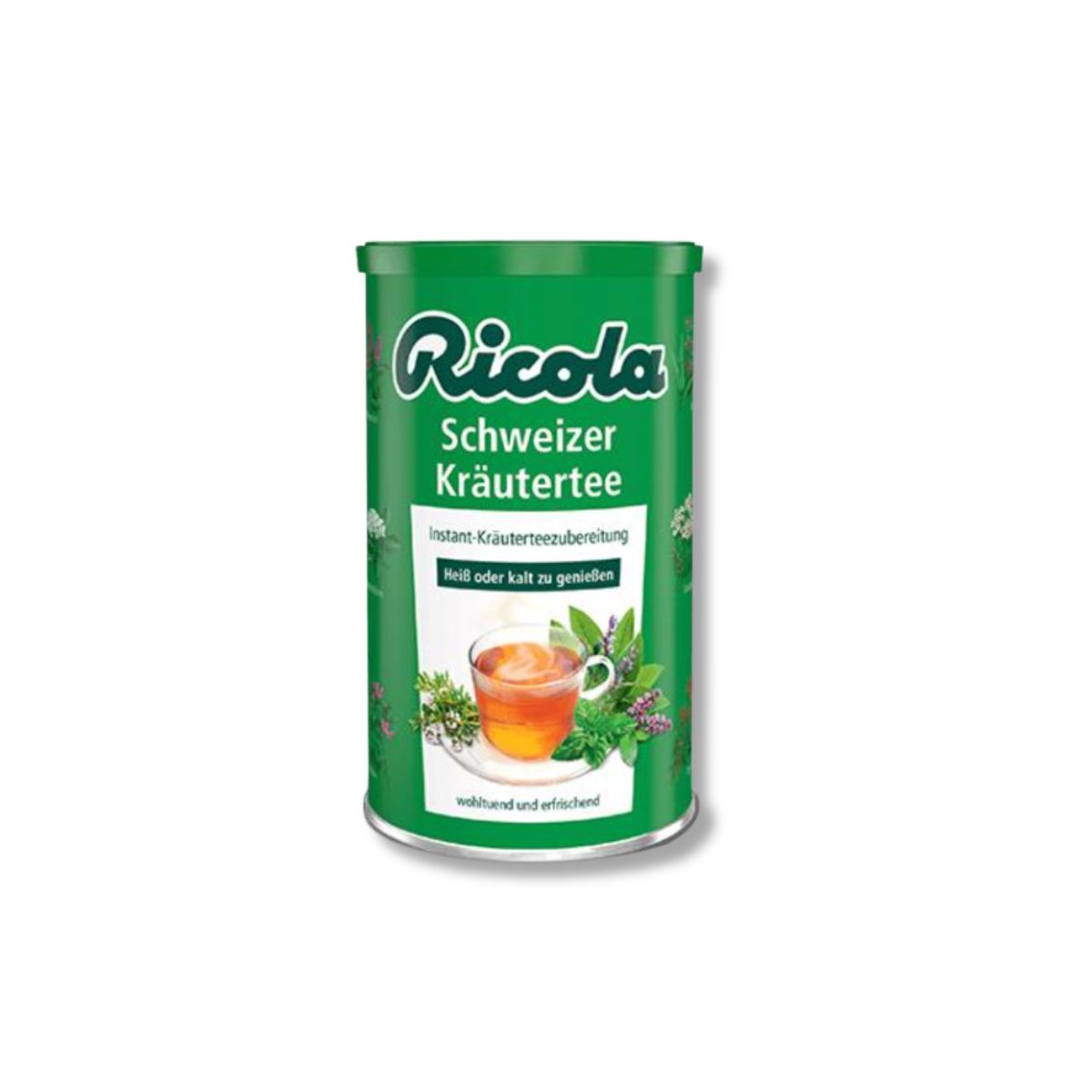 A green canister of Ricola Schweizer Kräutertee instant herbal tea powder, featuring a white label with a cup of tea and green herbs, set against a plain white background.
