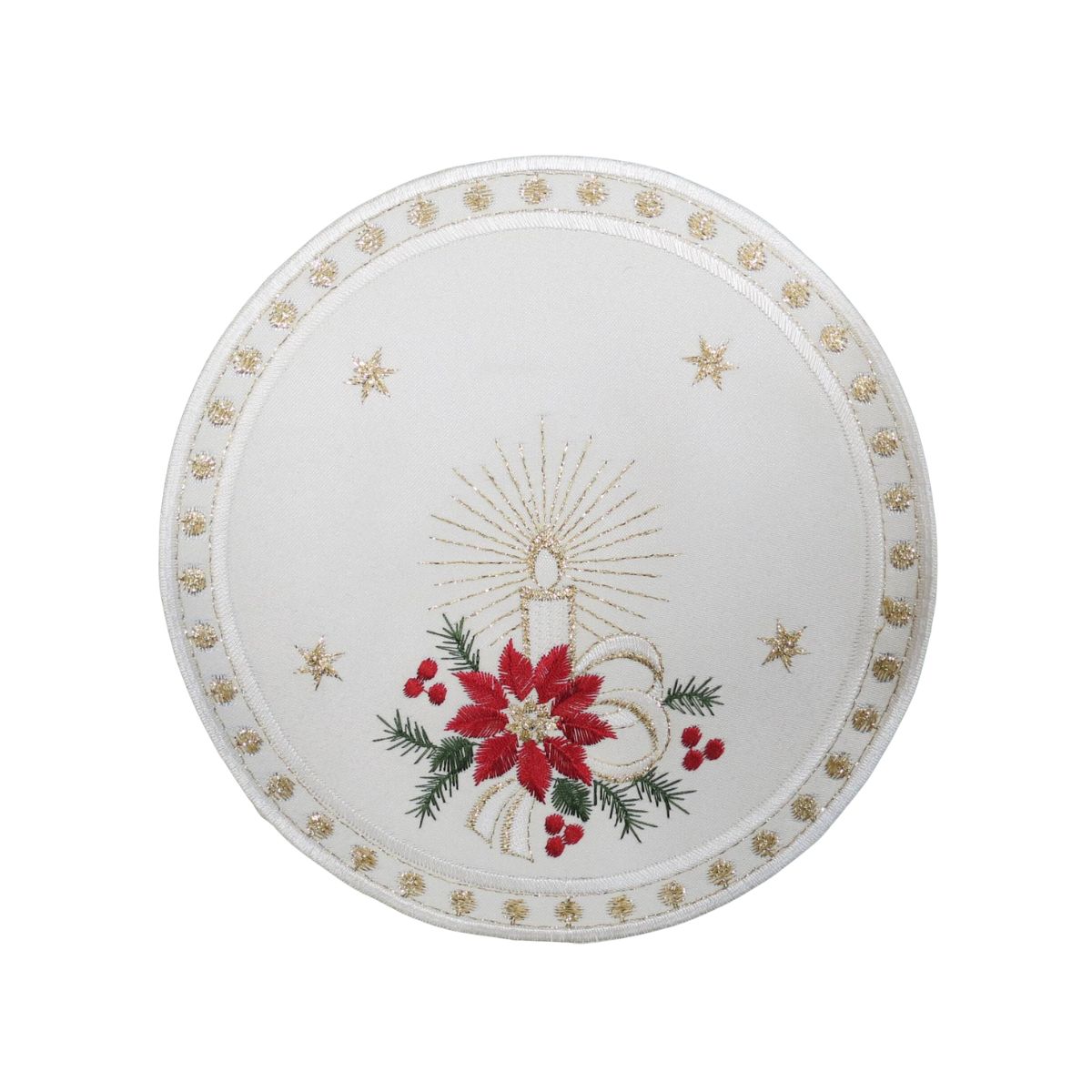 creme linen doily with candlelight embroidery featuring candles stars and festive holiday design