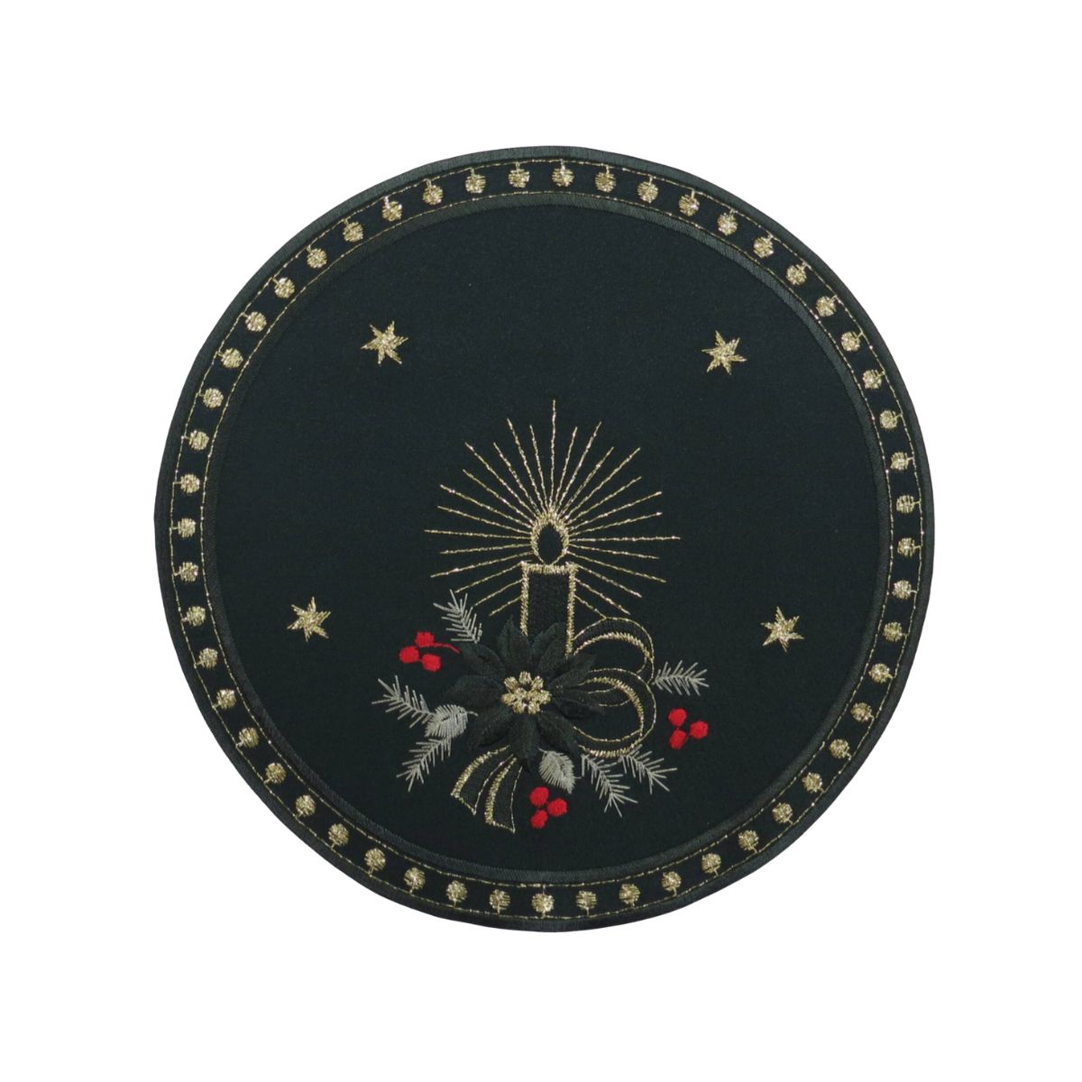 green linen doily with candlelight embroidery candles stars and festive holiday design