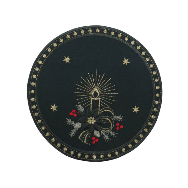 green linen doily with candlelight embroidery candles stars and festive holiday design