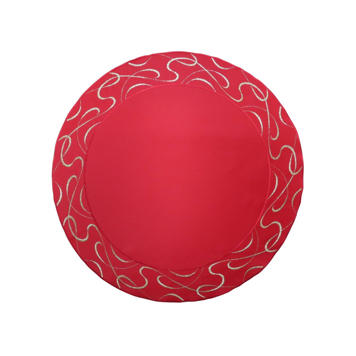 Round red table linen with decorative embroidered scroll border