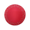 Round red table linen with decorative embroidered scroll border