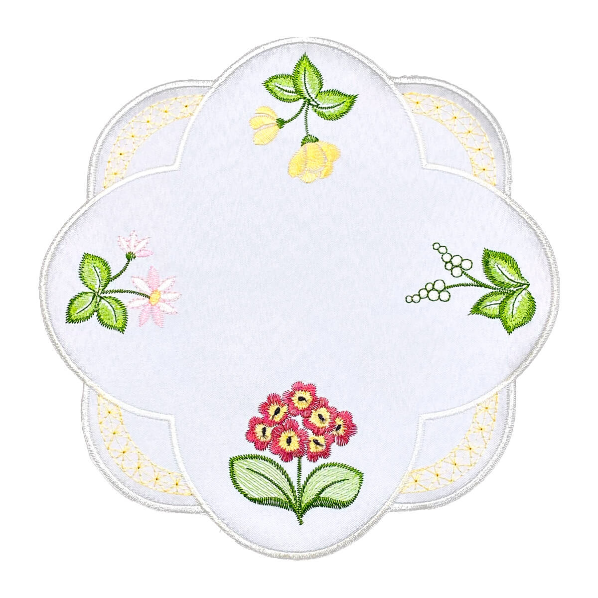 Round Table Linen - White with Primroses