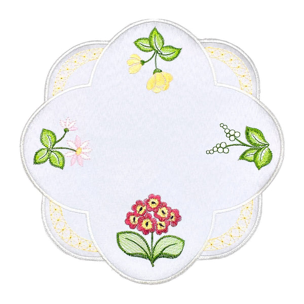 Round Table Linen - White with Primroses