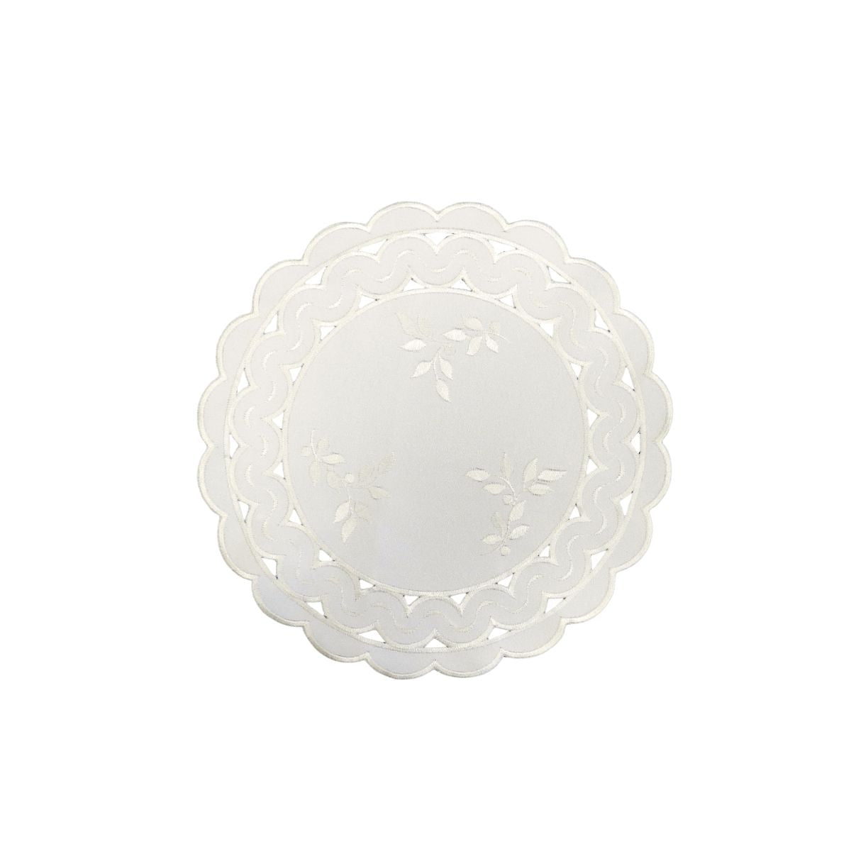 White round linen placemat with scalloped cutwork edge and subtle leaf tendril embroidery