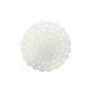 White round linen placemat with scalloped cutwork edge and subtle leaf tendril embroidery