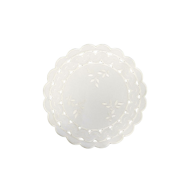 White round linen placemat with scalloped cutwork edge and subtle leaf tendril embroidery