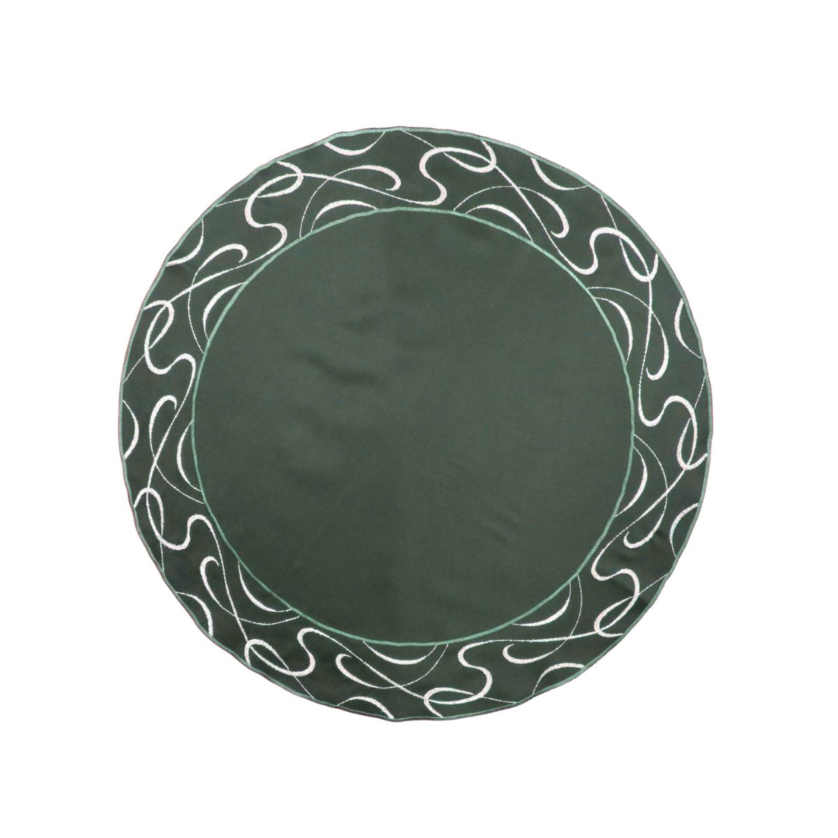 Round green table linen with embroidered scroll border and solid center design