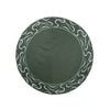 Round green table linen with embroidered scroll border and solid center design
