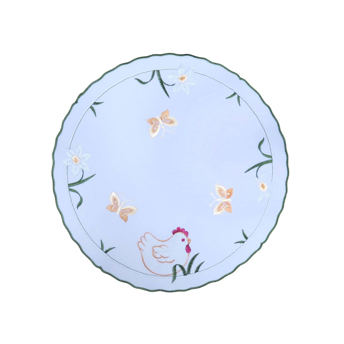 white round linen table linen chicken butterfly embroidery farmhouse design Funke Germany
