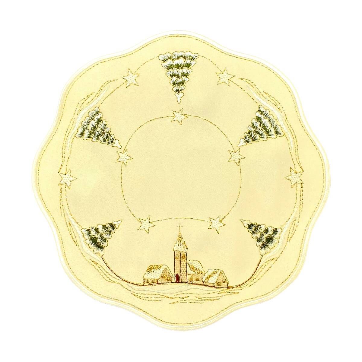 Round champagne color table linen with scalloped edges. Outer border design of snow covered church and trees, with alternating star designs in between. Interior border is a design of golden threading with stars.
