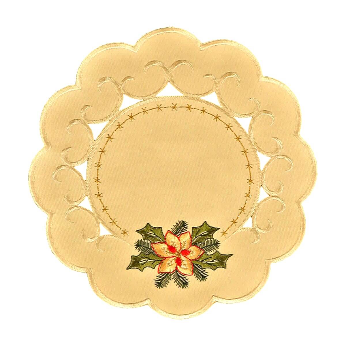 Round cream color table linen with scalloped edges and cutouts around the center. In the center, is an interior border design of gold stitching with stars, and in the bottom center is a design of a flower with holly leaves.