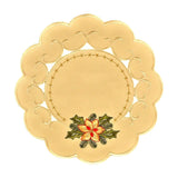 Round cream color table linen with scalloped edges and cutouts around the center. In the center, is an interior border design of gold stitching with stars, and in the bottom center is a design of a flower with holly leaves.