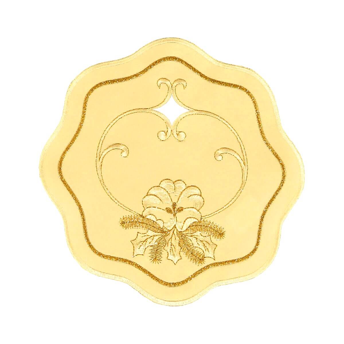 Round cream color table linen with scalloped edges, and a design of a flower surrounded by holly branches. Gold swirls sweep from the flower to a cutout in the upper center.