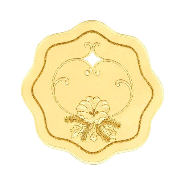 Round cream color table linen with scalloped edges, and a design of a flower surrounded by holly branches. Gold swirls sweep from the flower to a cutout in the upper center.