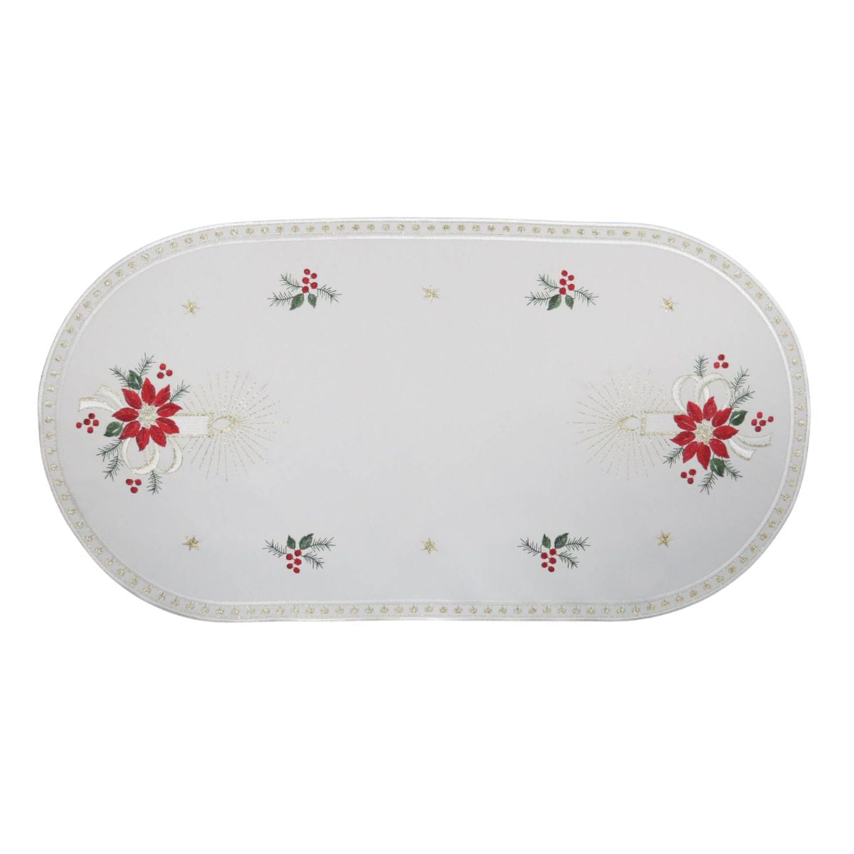 large creme linen table runner with candlelight embroidery candles stars and festive design